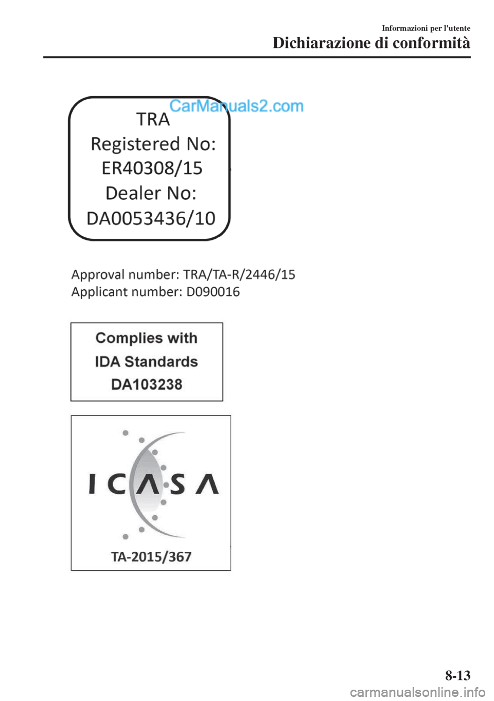 MAZDA MODEL MX-5 2017 Manuale del proprietario (in Italian) Informazioni per lutente
Dichiarazione di conformità
8-13 MAZDA MODEL MX-5 2017 Manuale del proprietario (in Italian) Informazioni per lutente
Dichiarazione di conformità
8-13