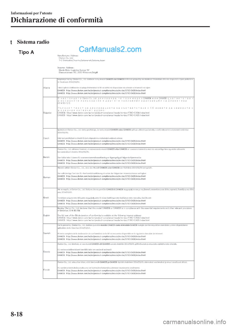 MAZDA MODEL MX-5 2017 Manuale del proprietario (in Italian) tSistema radio
Tipo A
Informazioni per lutente
Dichiarazione di conformità
8-18 MAZDA MODEL MX-5 2017 Manuale del proprietario (in Italian) tSistema radio
Tipo A
Informazioni per lutente
Dichiarazione di conformità
8-18