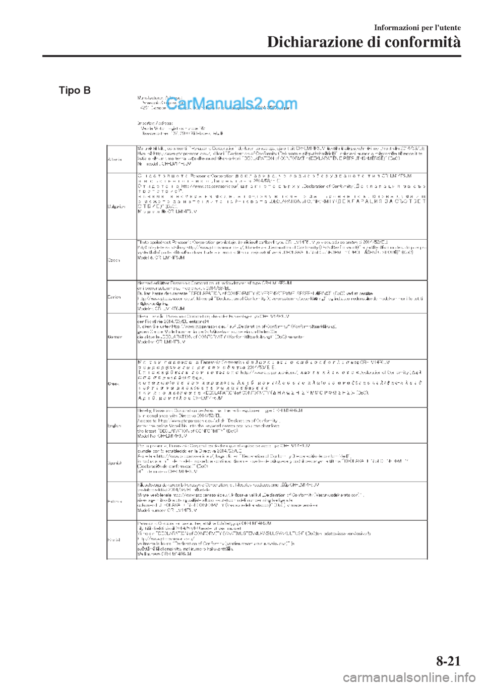 MAZDA MODEL MX-5 2017 Manuale del proprietario (in Italian) Tipo B
Informazioni per lutente
Dichiarazione di conformità
8-21 MAZDA MODEL MX-5 2017 Manuale del proprietario (in Italian) Tipo B
Informazioni per lutente
Dichiarazione di conformità
8-21