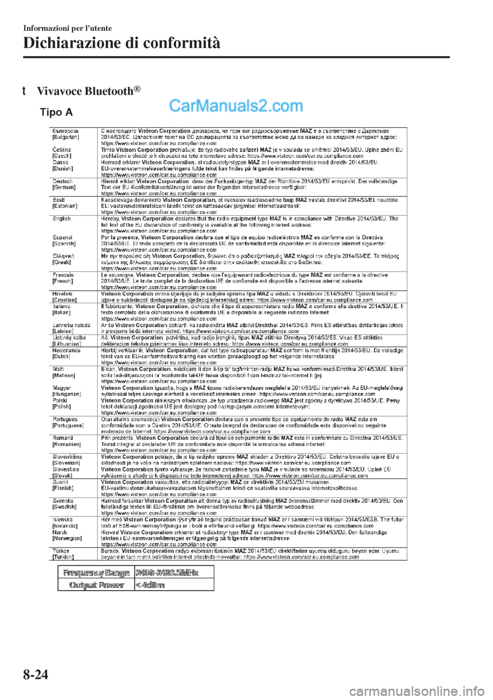 MAZDA MODEL MX-5 2017 Manuale del proprietario (in Italian) tVivavoce Bluetooth®
Tipo A
Informazioni per lutente
Dichiarazione di conformità
8-24 MAZDA MODEL MX-5 2017 Manuale del proprietario (in Italian) tVivavoce Bluetooth®
Tipo A
Informazioni per lutente
Dichiarazione di conformità
8-24