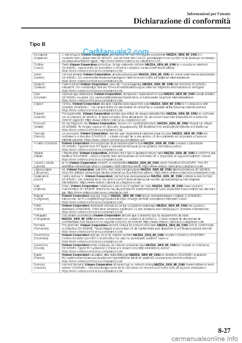 MAZDA MODEL MX-5 2017 Manuale del proprietario (in Italian) Tipo B
Informazioni per lutente
Dichiarazione di conformità
8-27 MAZDA MODEL MX-5 2017 Manuale del proprietario (in Italian) Tipo B
Informazioni per lutente
Dichiarazione di conformità
8-27