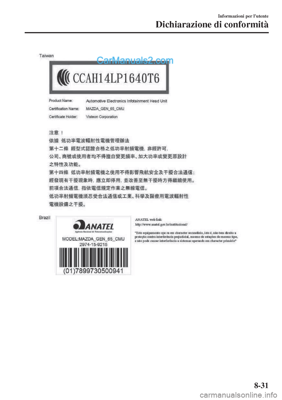 MAZDA MODEL MX-5 2017  Manuale del proprietario (in Italian) Informazioni per lutente
Dichiarazione di conformità
8-31  