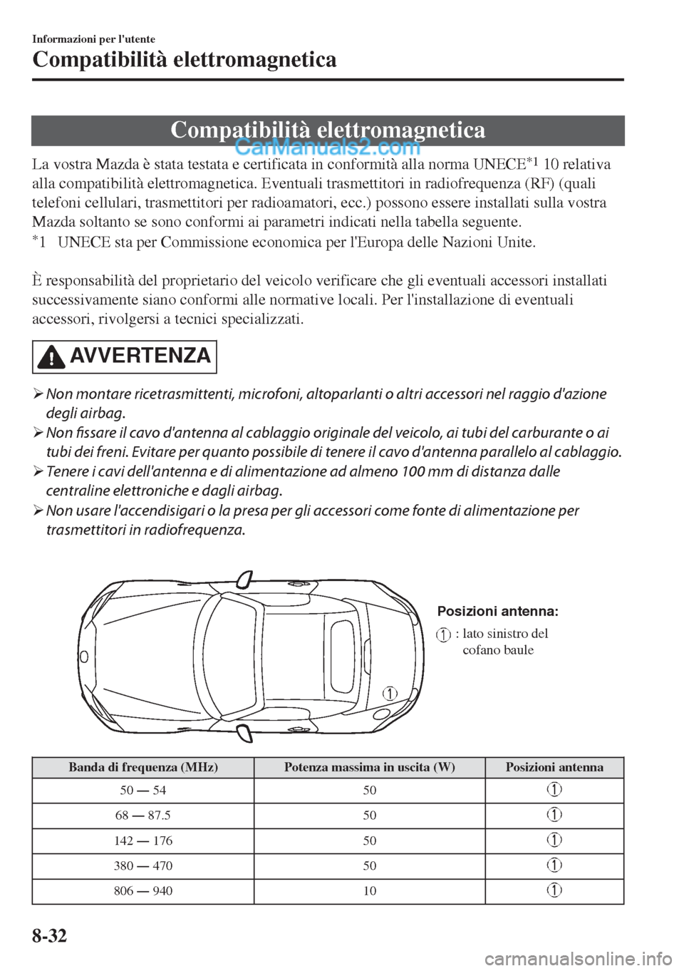 MAZDA MODEL MX-5 2017  Manuale del proprietario (in Italian) Compatibilità elettromagnetica
La vostra Mazda è stata testata e certificata in conformità alla norma UNECE*1 10 relativa
alla compatibilità elettromagnetica. Eventuali trasmettitori in radiofrequ