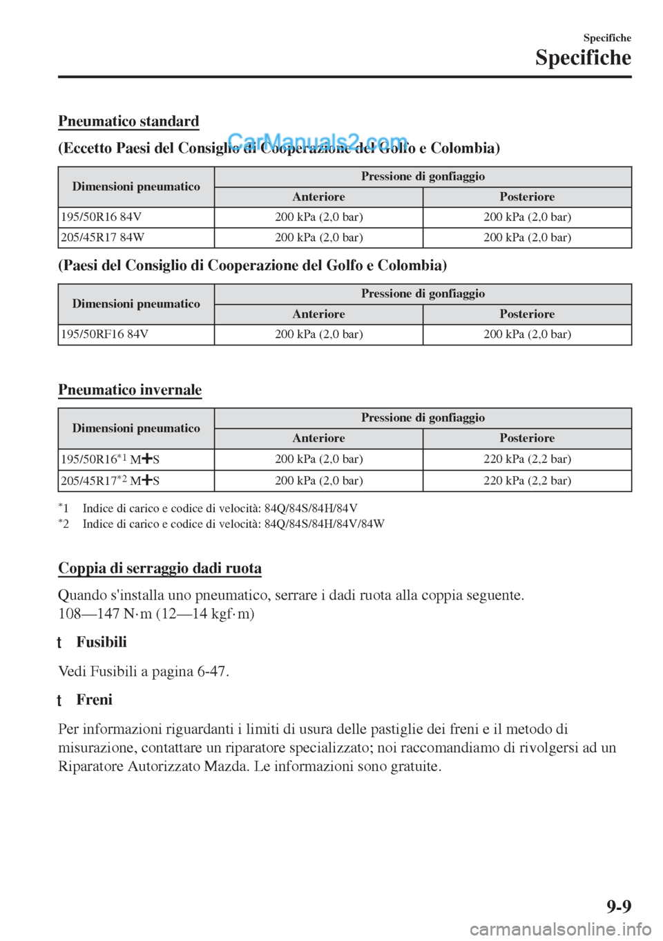 MAZDA MODEL MX-5 2017  Manuale del proprietario (in Italian) Pneumatico standard
(Eccetto Paesi del Consiglio di Cooperazione del Golfo e Colombia)
Dimensioni pneumaticoPressione di gonfiaggio
Anteriore Posteriore
195/50R16 84V 200 kPa (2,0 bar) 200 kPa (2,0 ba