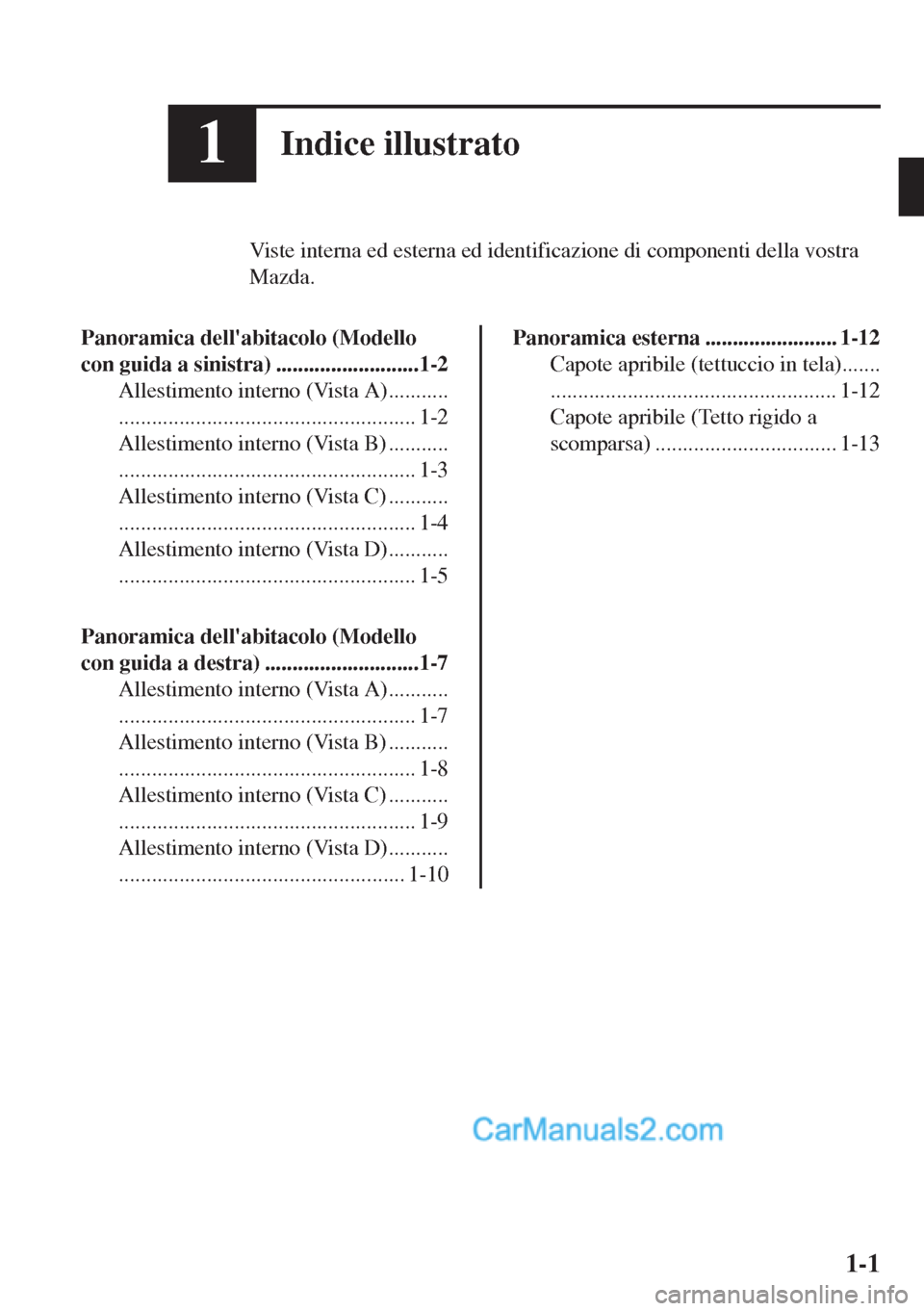 MAZDA MODEL MX-5 2017  Manuale del proprietario (in Italian) 1Indice illustrato
Viste interna ed esterna ed identificazione di componenti della vostra
Mazda.
Panoramica dellabitacolo (Modello
con guida a sinistra) ..........................1-2
Allestimento int