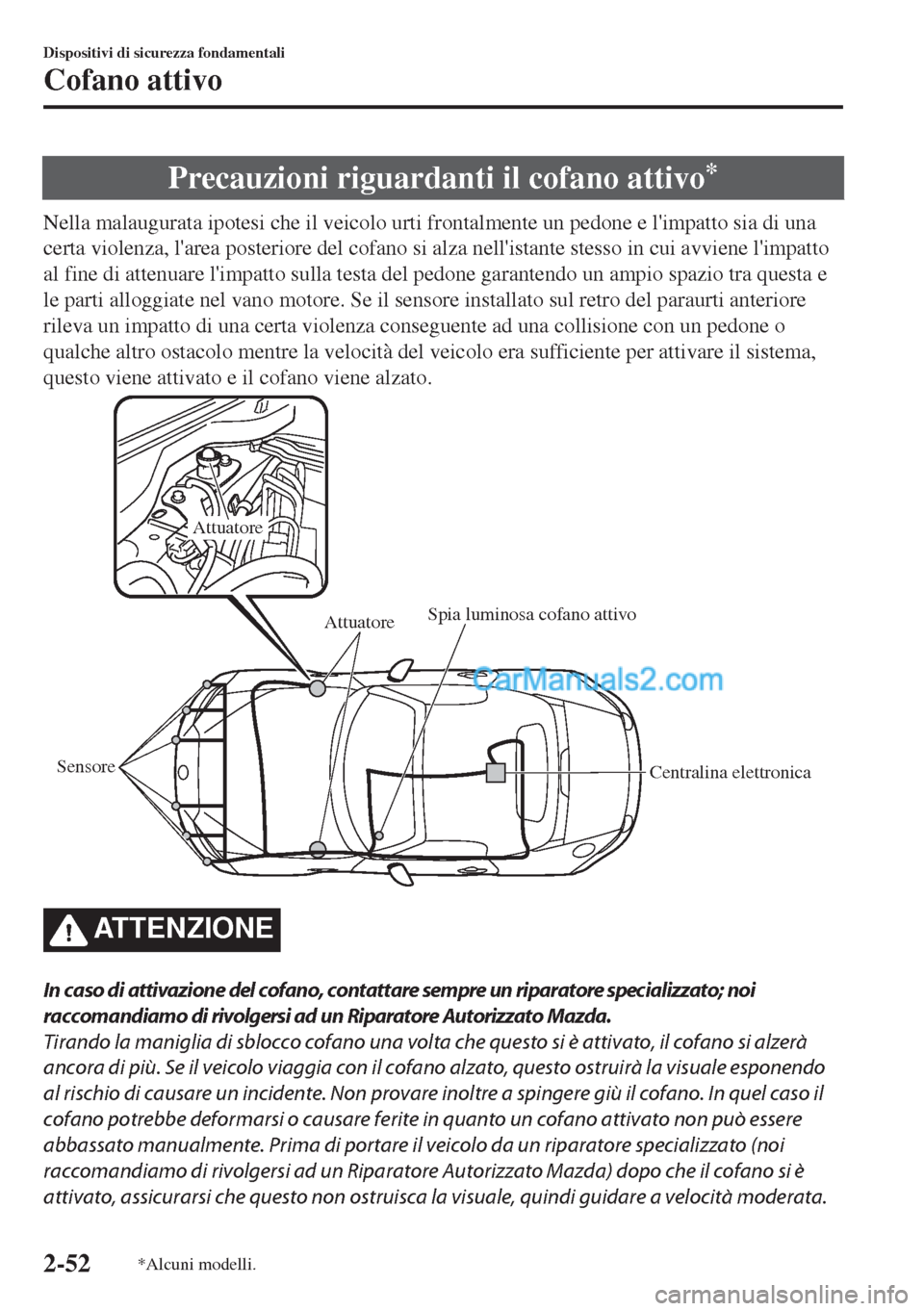 MAZDA MODEL MX-5 2017 Manuale del proprietario (in Italian) Precauzioni riguardanti il cofano attivo*
Nella malaugurata ipotesi che il veicolo urti frontalmente un pedone e limpatto sia di una
certa violenza, larea posteriore del cofano si alza nellistante MAZDA MODEL MX-5 2017 Manuale del proprietario (in Italian) Precauzioni riguardanti il cofano attivo*
Nella malaugurata ipotesi che il veicolo urti frontalmente un pedone e limpatto sia di una
certa violenza, larea posteriore del cofano si alza nellistante
