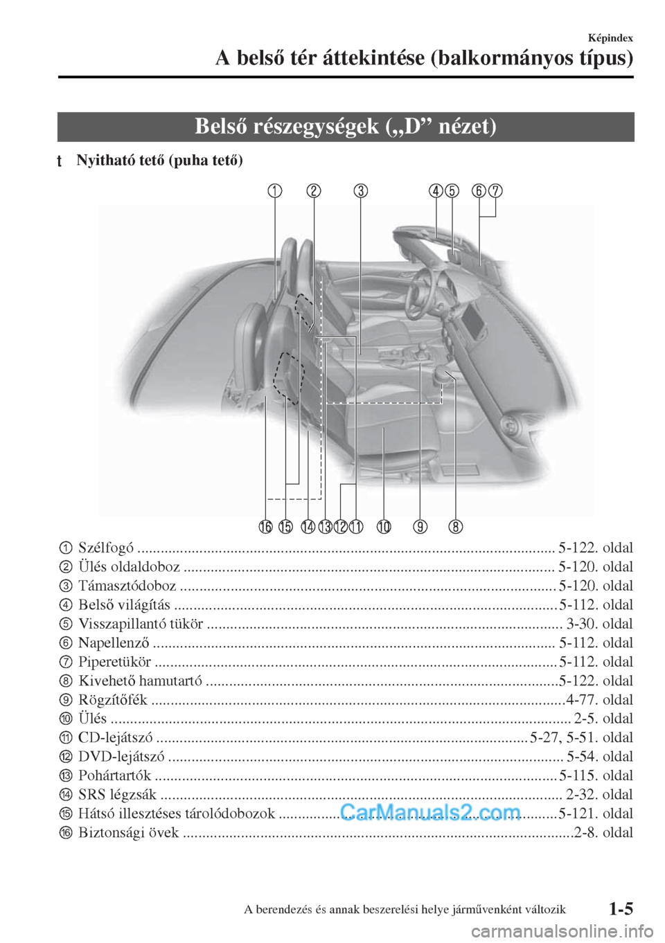 MAZDA MODEL MX-5 2017  Kezelési útmutató (in Hungarian) Bels részegységek („D” nézet)
tNyitható tet (puha tet)
pSzélfogó ............................................................................................................ 5-122. ol