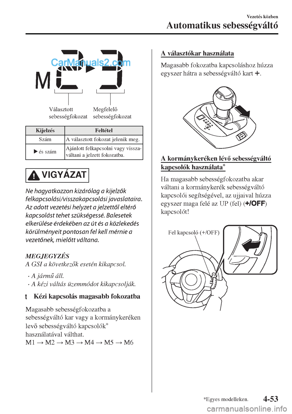 MAZDA MODEL MX-5 2017  Kezelési útmutató (in Hungarian) Választott 
sebességfokozatMegfelelő 
sebességfokozat
Kijelzés Feltétel
Szám A választott fokozat jelenik meg.
 és számAjánlott felkapcsolni vagy vissza-
váltani a jelzett fokozatba.
VIGY