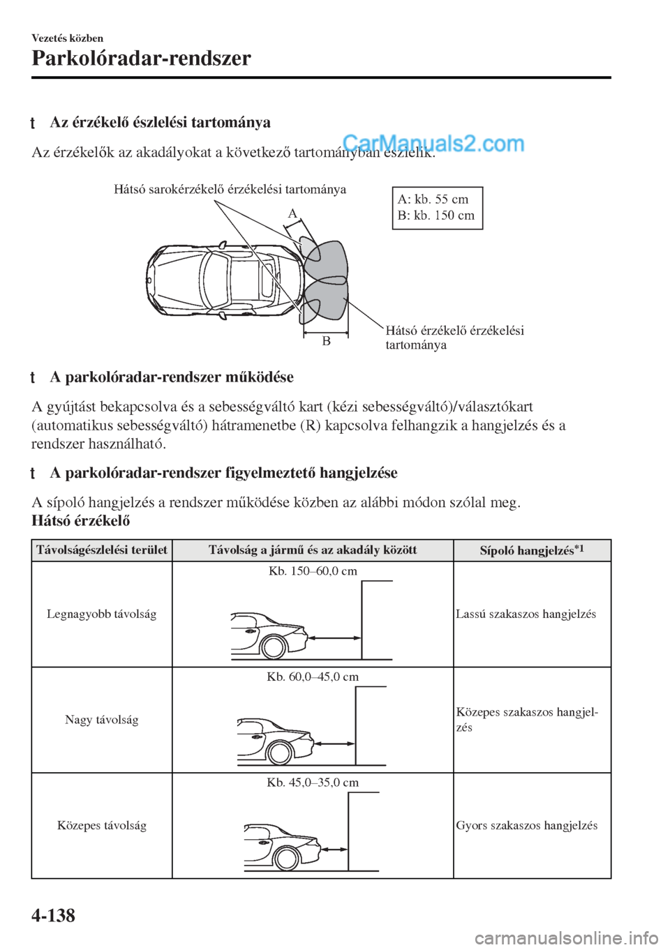 MAZDA MODEL MX-5 2017  Kezelési útmutató (in Hungarian) tAz érzékel észlelési tartománya
Az érzékelk az akadályokat a következ tartományban észlelik.
 
Hátsó érzékelő érzékelési 
tartománya Hátsó sarokérzékelő érzékelési t
