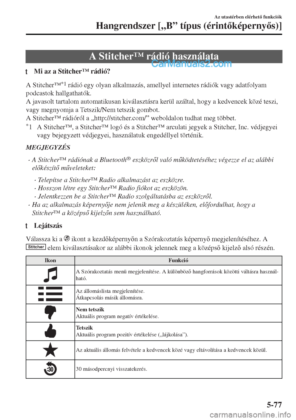MAZDA MODEL MX-5 2017  Kezelési útmutató (in Hungarian) A Stitcher™ rádió használata
tMi az a Stitcher™ rádió?
A Stitcher™*1 rádió egy olyan alkalmazás, amellyel internetes rádiók vagy adatfolyam
podcastok hallgathatók.
A javasolt tartalom