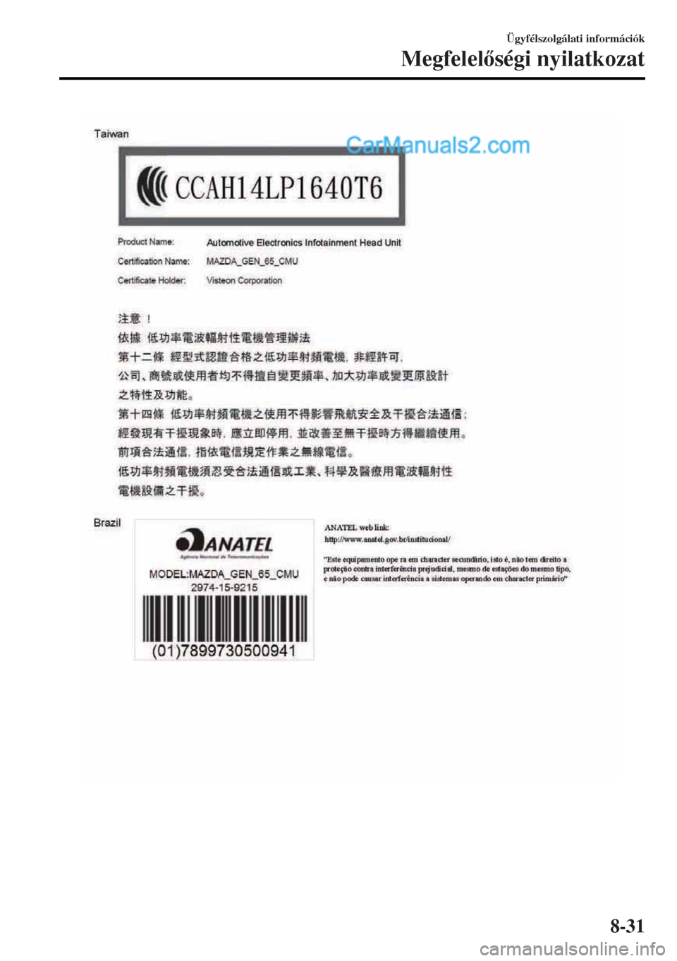 MAZDA MODEL MX-5 2017  Kezelési útmutató (in Hungarian) Ügyfélszolgálati információk
Megfelelségi nyilatkozat
8-31  