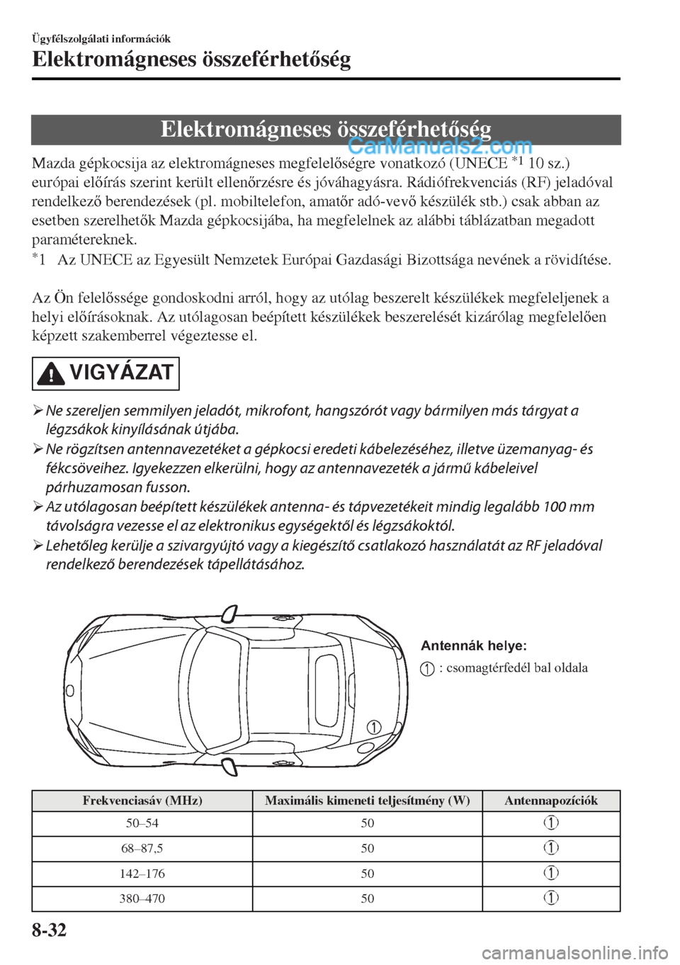 MAZDA MODEL MX-5 2017  Kezelési útmutató (in Hungarian) Elektromágneses összeférhetség
Mazda gépkocsija az elektromágneses megfelelségre vonatkozó (UNECE *1 10 sz.)
európai elírás szerint került ellenrzésre és jóváhagyásra. Rádió