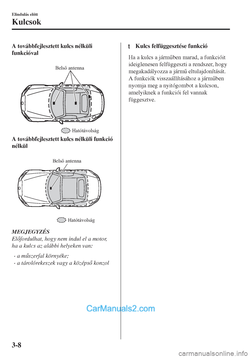 MAZDA MODEL MX-5 2017  Kezelési útmutató (in Hungarian) A továbbfejlesztett kulcs nélküli
funkcióval
 
Belső antenna
Hatótávolság
A továbbfejlesztett kulcs nélküli funkció
nélkül
 
Hatótávolság Belső antenna
MEGJEGYZÉS
Elfordulhat, hog