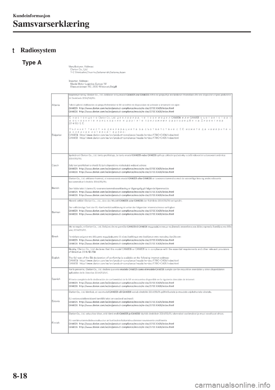 MAZDA MODEL MX-5 2017  Brukerhåndbok (in Norwegian) tRadiosystem
Type A
Kundeinformasjon
Samsvarserklæring
8-18 