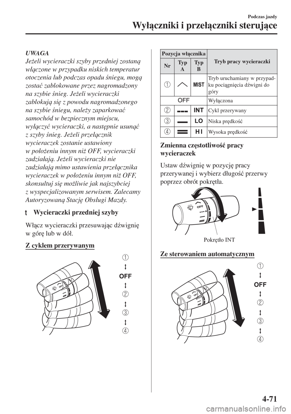 MAZDA MODEL MX-5 2017  Instrukcja Obsługi (in Polish) UWAGA
Je*eli wycieraczki szyby przedniej zostan
w�áczone w przypadku niskich temperatur
otoczenia lub podczas opadu niegu, mog
zosta�ü zablokowane przez nagromadzony
na szybie nieg. Je*e