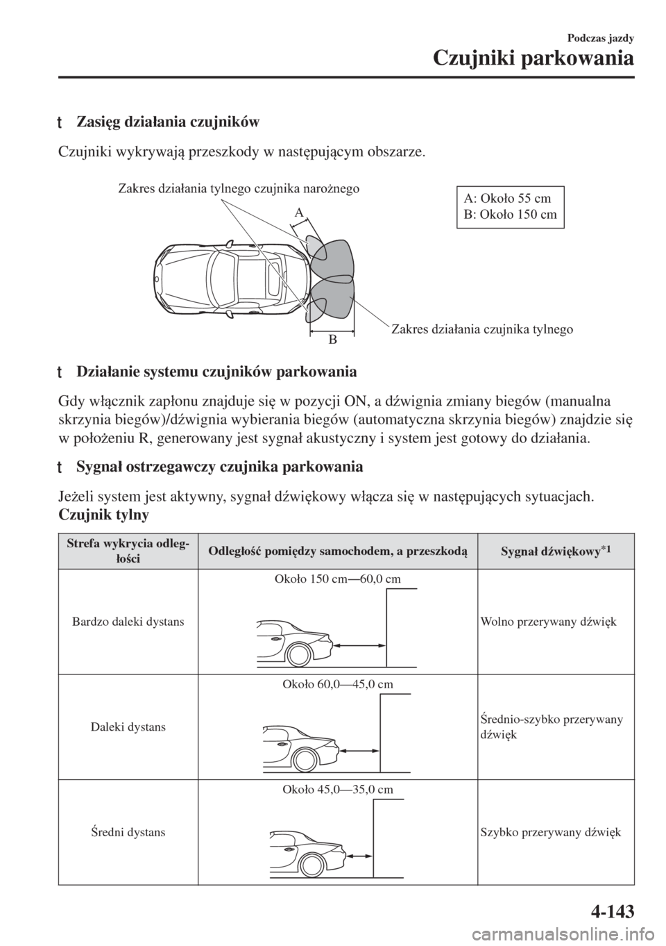 MAZDA MODEL MX-5 2017  Instrukcja Obsługi (in Polish) tZasi
g dzia�áania czujników
Czujniki wykrywaj przeszkody w nast
pujcym obszarze.
 
Zakres działania czujnika tylnego Zakres działania tylnego czujnika narożnegoB AA: Około 55 cm       
B: