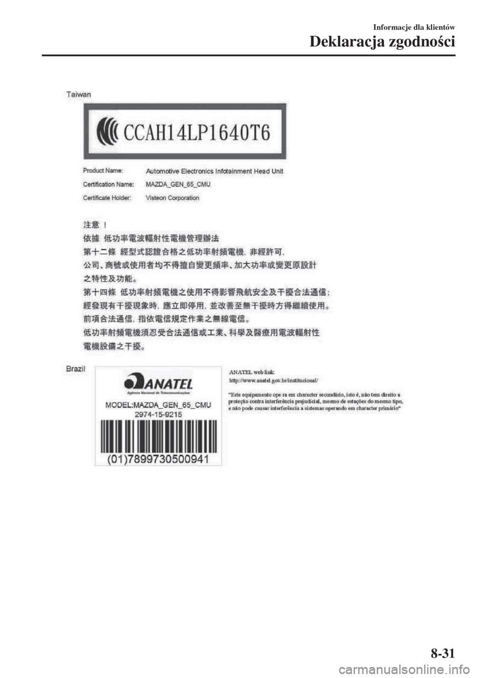 MAZDA MODEL MX-5 2017  Instrukcja Obsługi (in Polish) Informacje dla klientów
Deklaracja zgodnoci
8-31 
