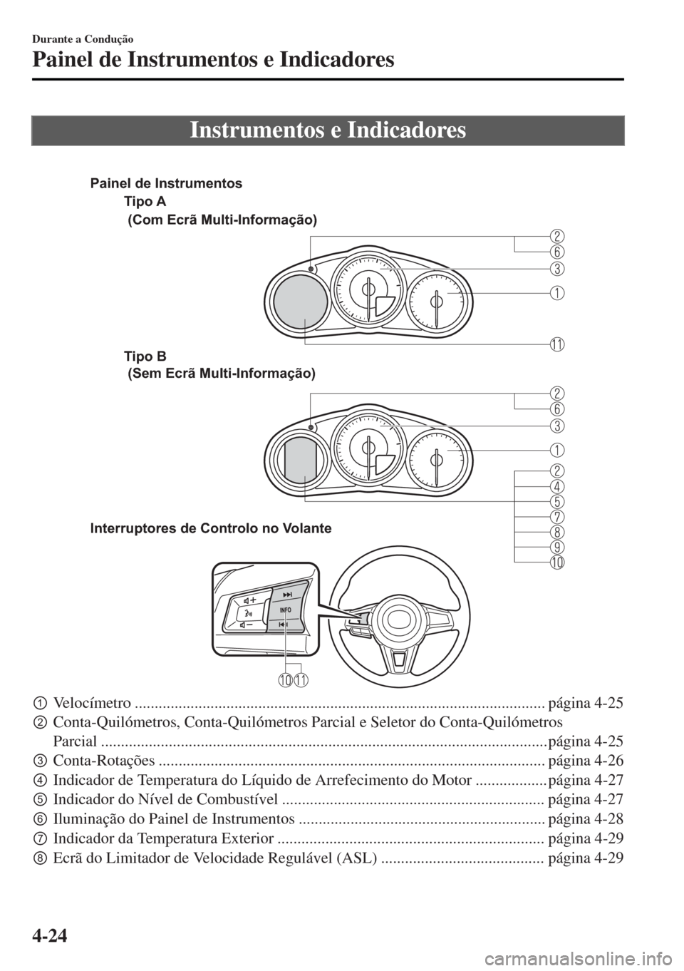 MAZDA MODEL MX-5 2017  Manual do proprietário (in Portuguese) Instrumentos e Indicadores
 
Tipo A
Tipo B 
Interruptores de Controlo no Volante (Com Ecrã Multi-Informação)
 (Sem Ecrã Multi-Informação) Painel de Instrumentos
pVelocímetro ..................
