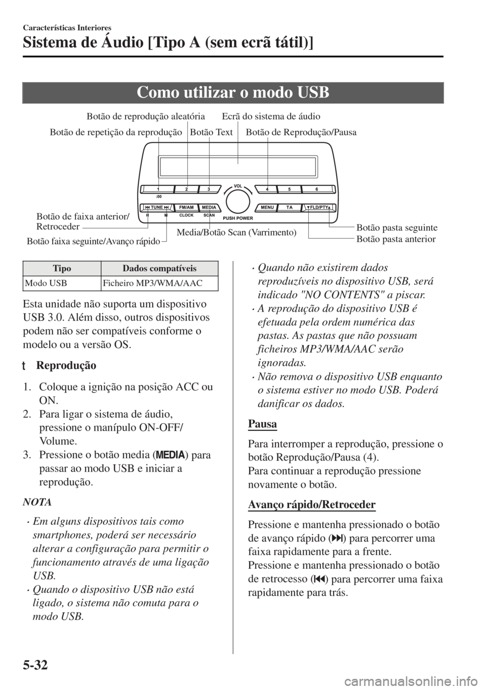 MAZDA MODEL MX-5 2017 Manual do proprietário (in Portuguese) Como utilizar o modo USB
Media/Botão Scan (Varrimento)Botão pasta anterior Botão pasta seguinte Botão de Reprodução/Pausa Botão de reprodução aleatória
Botão de repetição da reproduçãoE MAZDA MODEL MX-5 2017 Manual do proprietário (in Portuguese) Como utilizar o modo USB
Media/Botão Scan (Varrimento)Botão pasta anterior Botão pasta seguinte Botão de Reprodução/Pausa Botão de reprodução aleatória
Botão de repetição da reproduçãoE