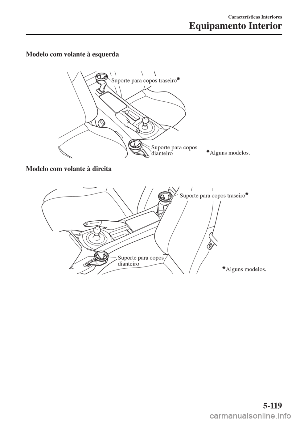 MAZDA MODEL MX-5 2017 Manual do proprietário (in Portuguese) Modelo com volante à esquerda
Suporte para copos traseiro
Alguns modelos.Suporte para copos
dianteiro
Modelo com volante à direita
Suporte para copos traseiro
Suporte para copos
dianteiro
Algu MAZDA MODEL MX-5 2017 Manual do proprietário (in Portuguese) Modelo com volante à esquerda
Suporte para copos traseiro
Alguns modelos.Suporte para copos
dianteiro
Modelo com volante à direita
Suporte para copos traseiro
Suporte para copos
dianteiro
Algu
