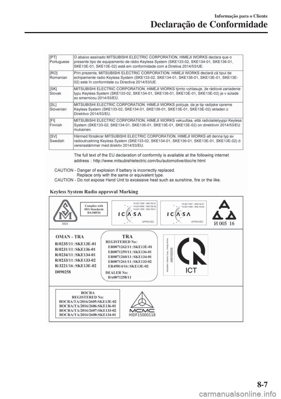 MAZDA MODEL MX-5 2017  Manual do proprietário (in Portuguese) Informação para o Cliente
Declaração de Conformidade
8-7 