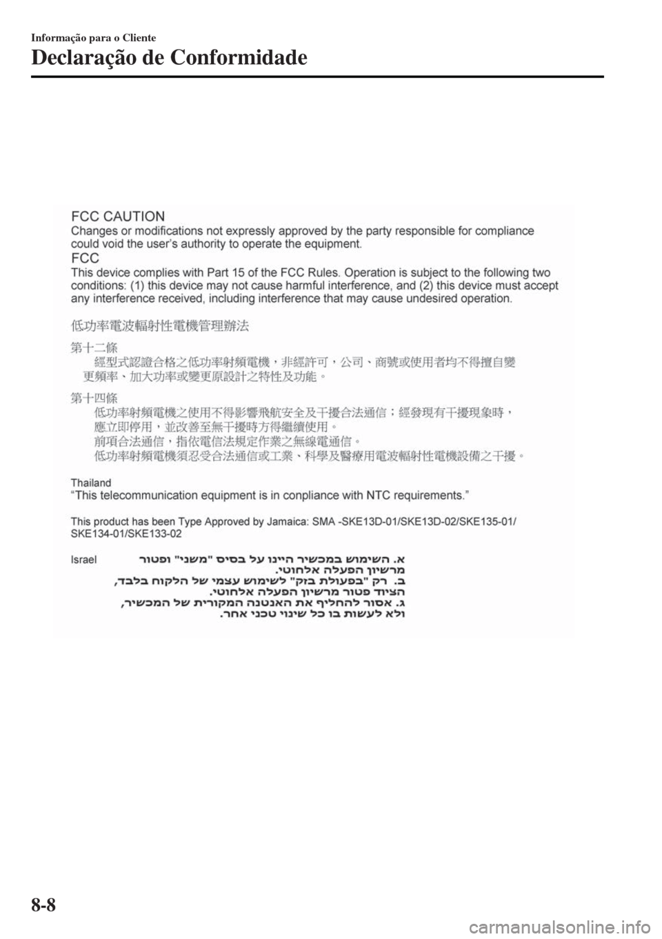 MAZDA MODEL MX-5 2017  Manual do proprietário (in Portuguese) Informação para o Cliente
Declaração de Conformidade
8-8 
