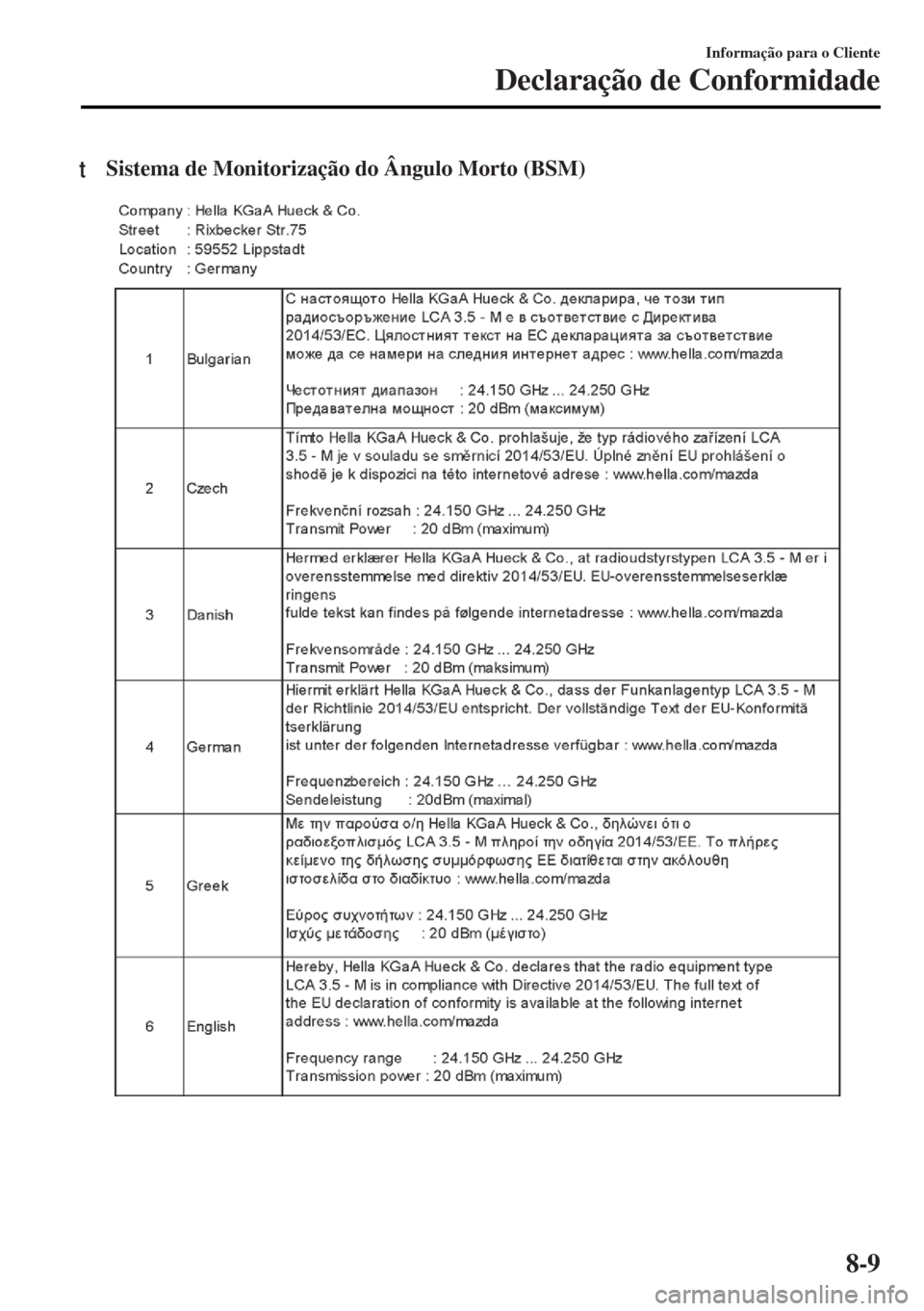 MAZDA MODEL MX-5 2017  Manual do proprietário (in Portuguese) tSistema de Monitorização do Ângulo Morto (BSM)
Informação para o Cliente
Declaração de Conformidade
8-9 