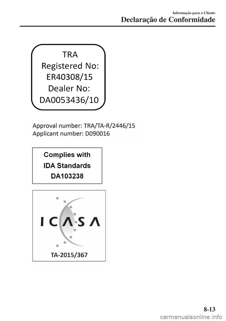 MAZDA MODEL MX-5 2017 Manual do proprietário (in Portuguese) Informação para o Cliente
Declaração de Conformidade
8-13 MAZDA MODEL MX-5 2017 Manual do proprietário (in Portuguese) Informação para o Cliente
Declaração de Conformidade
8-13
