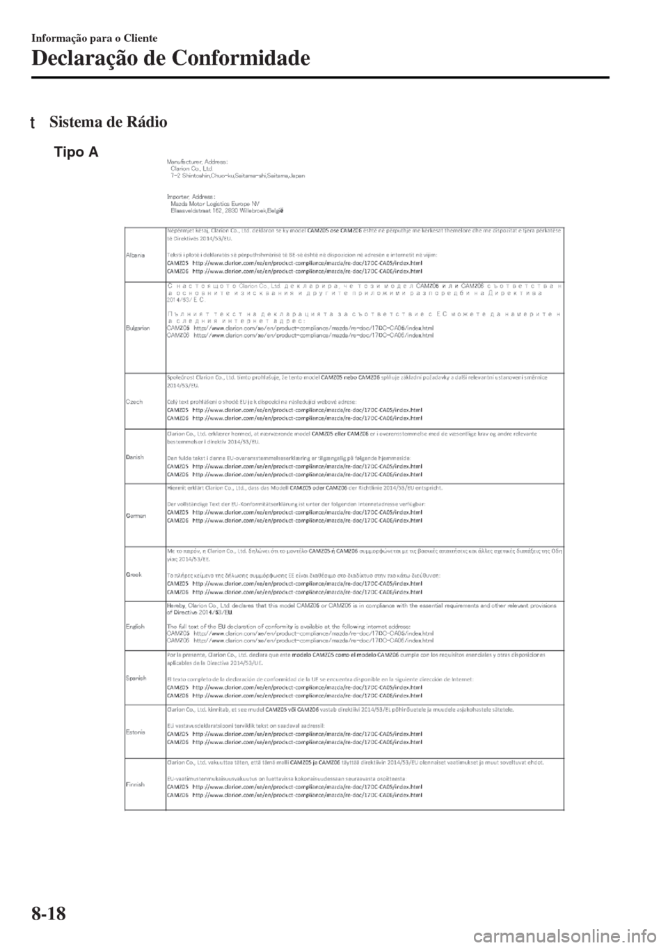MAZDA MODEL MX-5 2017 Manual do proprietário (in Portuguese) tSistema de Rádio
Tipo A
Informação para o Cliente
Declaração de Conformidade
8-18 MAZDA MODEL MX-5 2017 Manual do proprietário (in Portuguese) tSistema de Rádio
Tipo A
Informação para o Cliente
Declaração de Conformidade
8-18