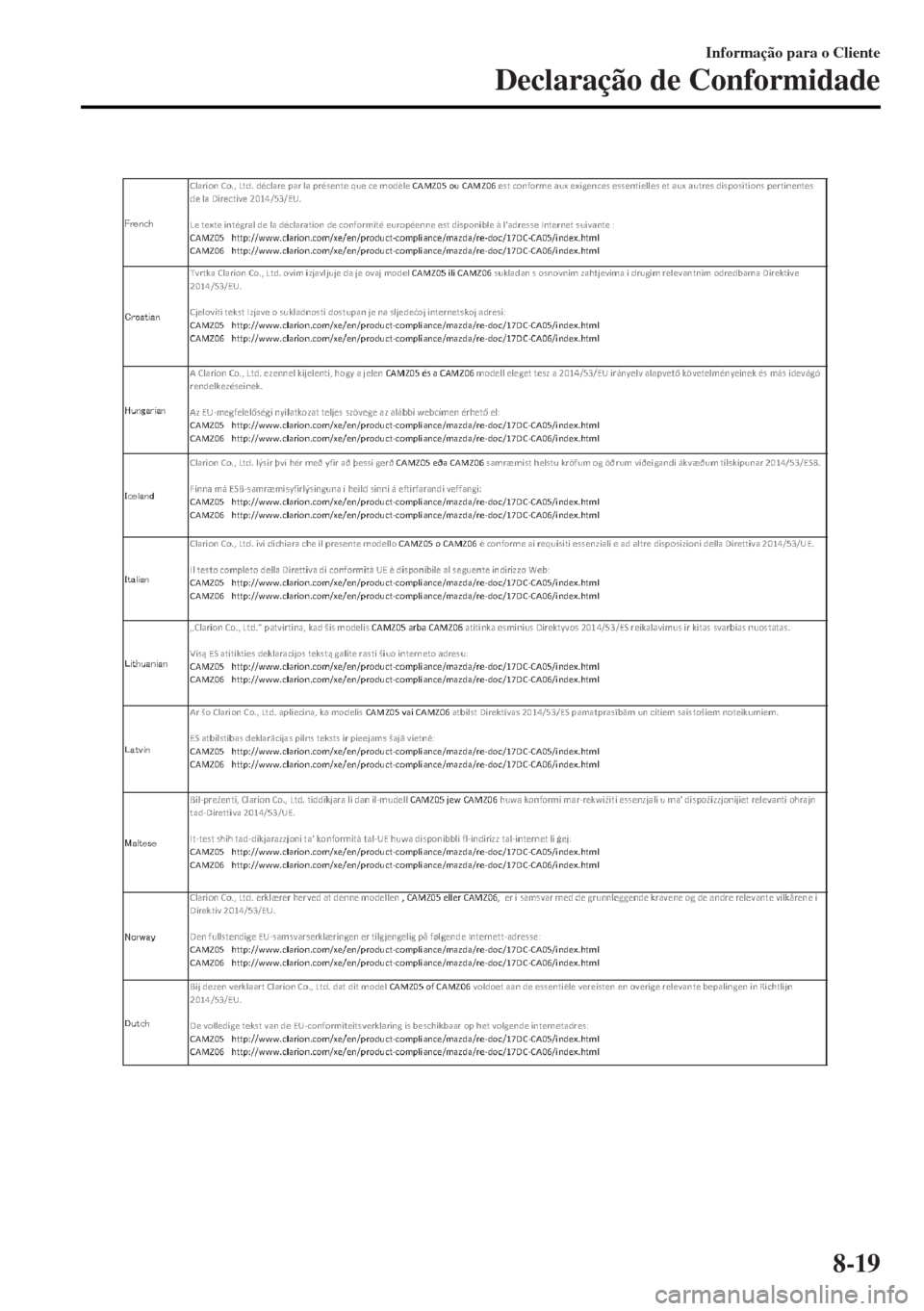 MAZDA MODEL MX-5 2017 Manual do proprietário (in Portuguese) Informação para o Cliente
Declaração de Conformidade
8-19 MAZDA MODEL MX-5 2017 Manual do proprietário (in Portuguese) Informação para o Cliente
Declaração de Conformidade
8-19