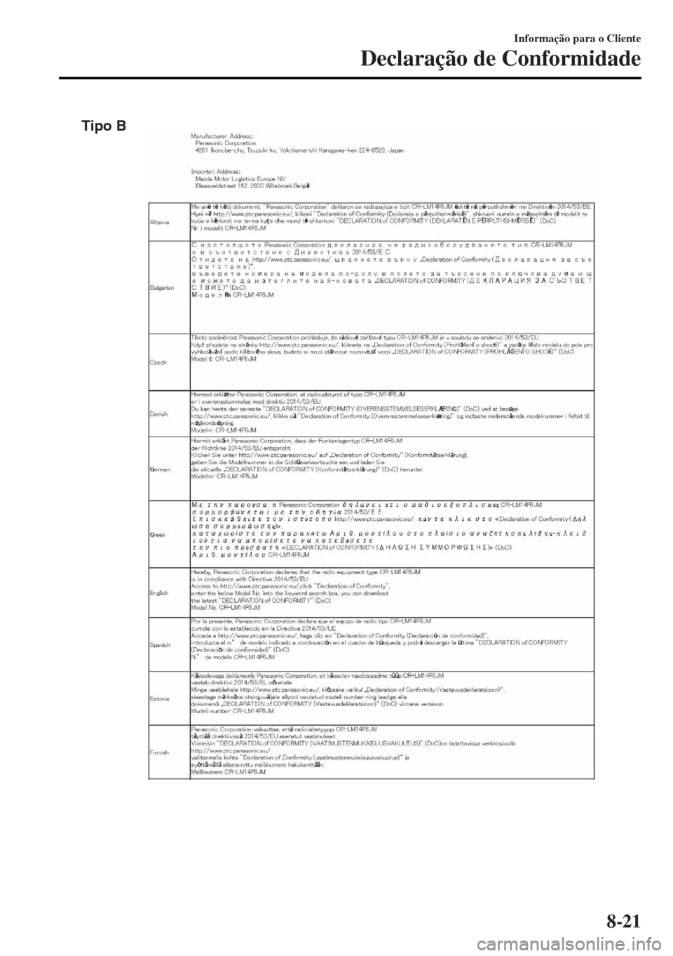 MAZDA MODEL MX-5 2017 Manual do proprietário (in Portuguese) Tipo B
Informação para o Cliente
Declaração de Conformidade
8-21 MAZDA MODEL MX-5 2017 Manual do proprietário (in Portuguese) Tipo B
Informação para o Cliente
Declaração de Conformidade
8-21