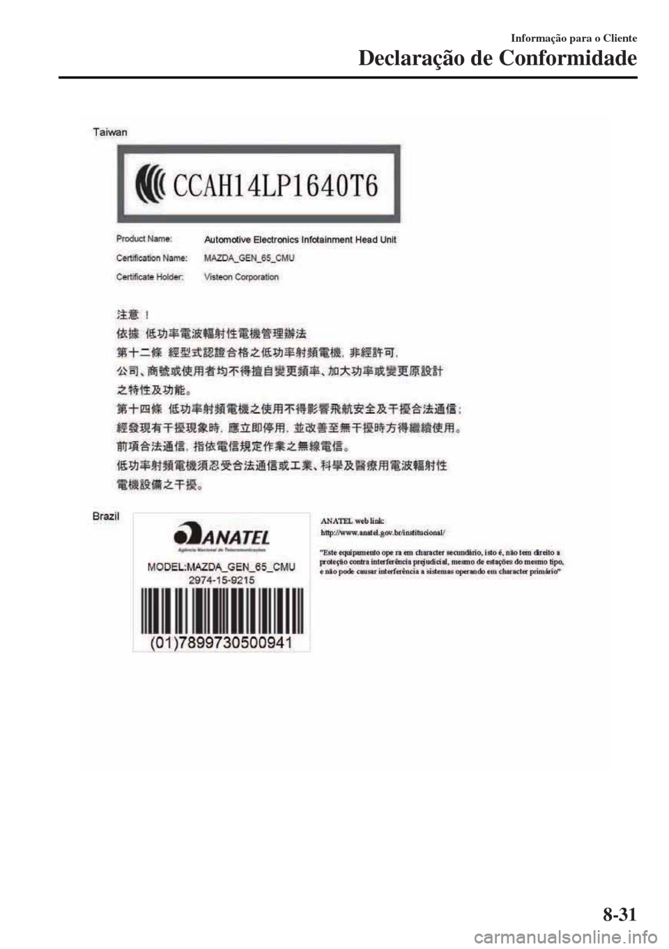 MAZDA MODEL MX-5 2017  Manual do proprietário (in Portuguese) Informação para o Cliente
Declaração de Conformidade
8-31 