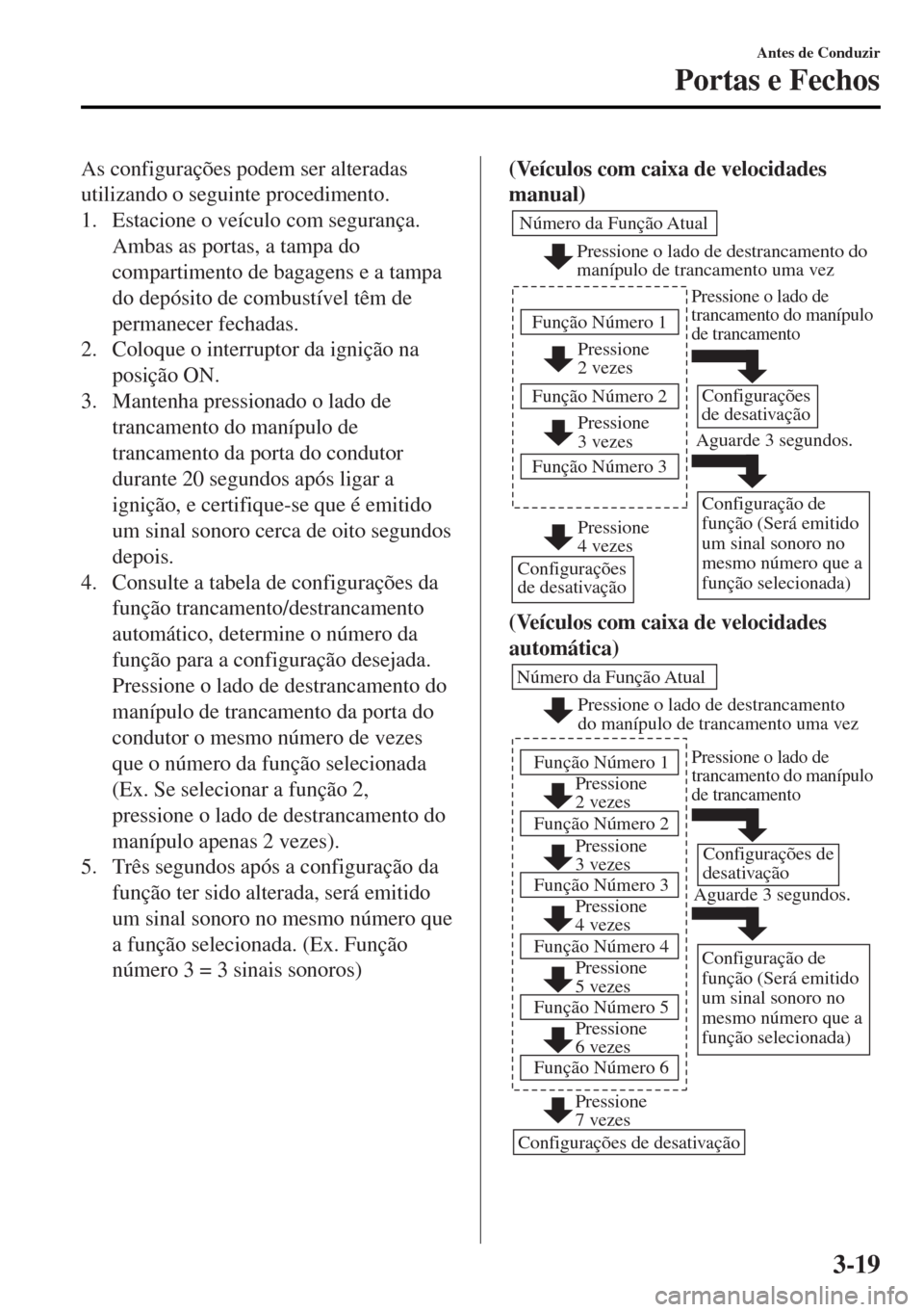 MAZDA MODEL MX-5 2017 Manual do proprietário (in Portuguese) As configurações podem ser alteradas
utilizando o seguinte procedimento.
1. Estacione o veículo com segurança.
Ambas as portas, a tampa do
compartimento de bagagens e a tampa
do depósito de combu MAZDA MODEL MX-5 2017 Manual do proprietário (in Portuguese) As configurações podem ser alteradas
utilizando o seguinte procedimento.
1. Estacione o veículo com segurança.
Ambas as portas, a tampa do
compartimento de bagagens e a tampa
do depósito de combu
