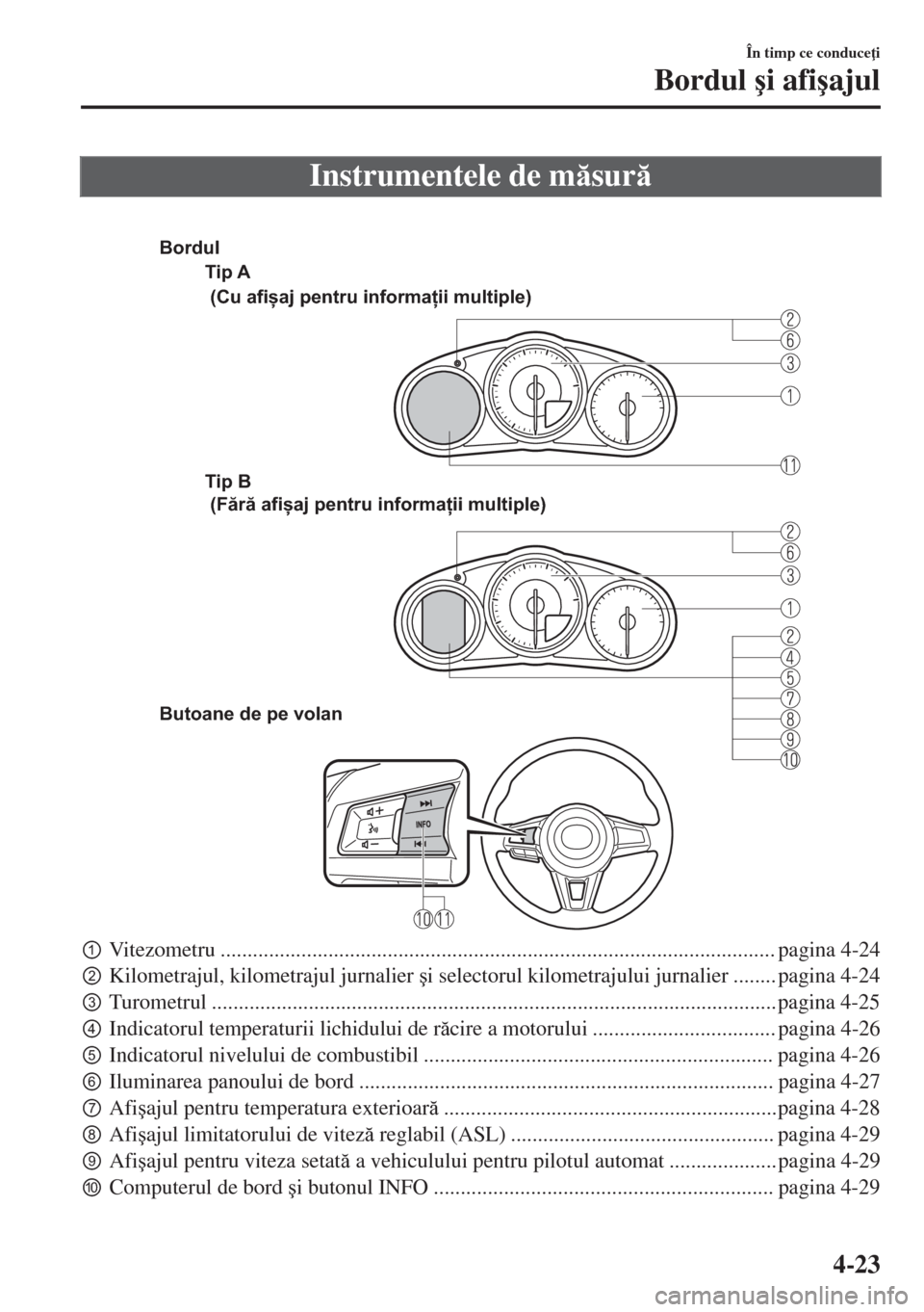MAZDA MODEL MX-5 2017  Manualul de utilizare (in Romanian) Instrumentele de msur
 
Tip A
Tip B 
Butoane de pe volan (Cu afișaj pentru informații multiple)
 (Fără afișaj pentru informații multiple) Bordul
pVitezometru ...............................