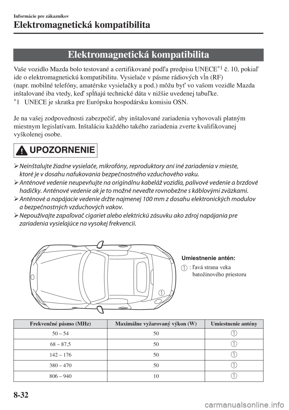 MAZDA MODEL MX-5 2017  Užívateľská príručka (in Slovak) Elektromagnetická kompatibilita
Vaše vozidlo Mazda bolo testované a certifikované poda predpisu UNECE*1 �þ. 10, pokia
ide o elektromagnetickú kompatibilitu. Vysiela�þe v pásme rádiových 