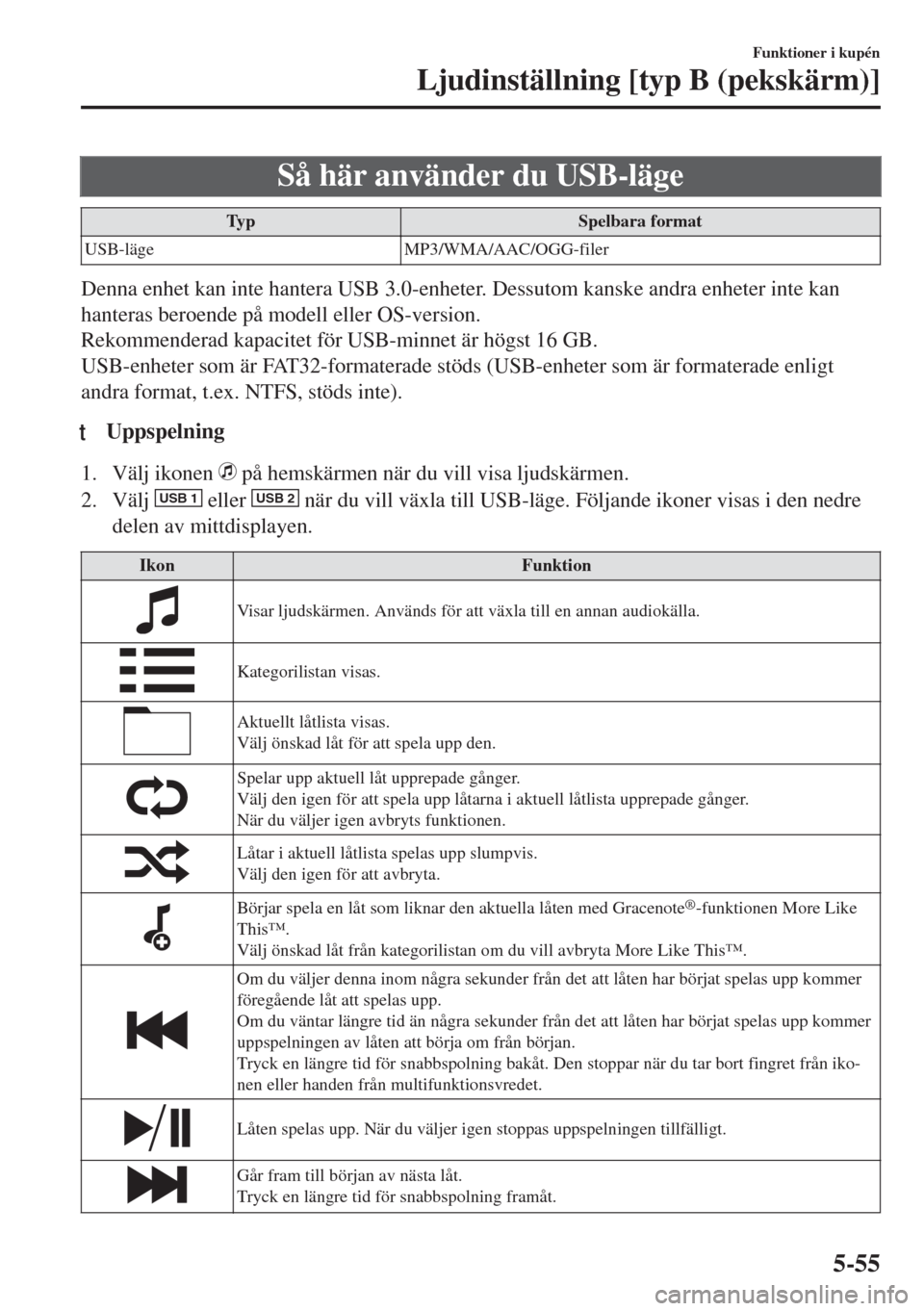MAZDA MODEL MX-5 2017 Ägarmanual (in Swedish) Så här använder du USB-läge
Typ Spelbara format
USB-läge MP3/WMA/AAC/OGG-filer
Denna enhet kan inte hantera USB 3.0-enheter. Dessutom kanske andra enheter inte kan
hanteras beroende på modell el MAZDA MODEL MX-5 2017 Ägarmanual (in Swedish) Så här använder du USB-läge
Typ Spelbara format
USB-läge MP3/WMA/AAC/OGG-filer
Denna enhet kan inte hantera USB 3.0-enheter. Dessutom kanske andra enheter inte kan
hanteras beroende på modell el