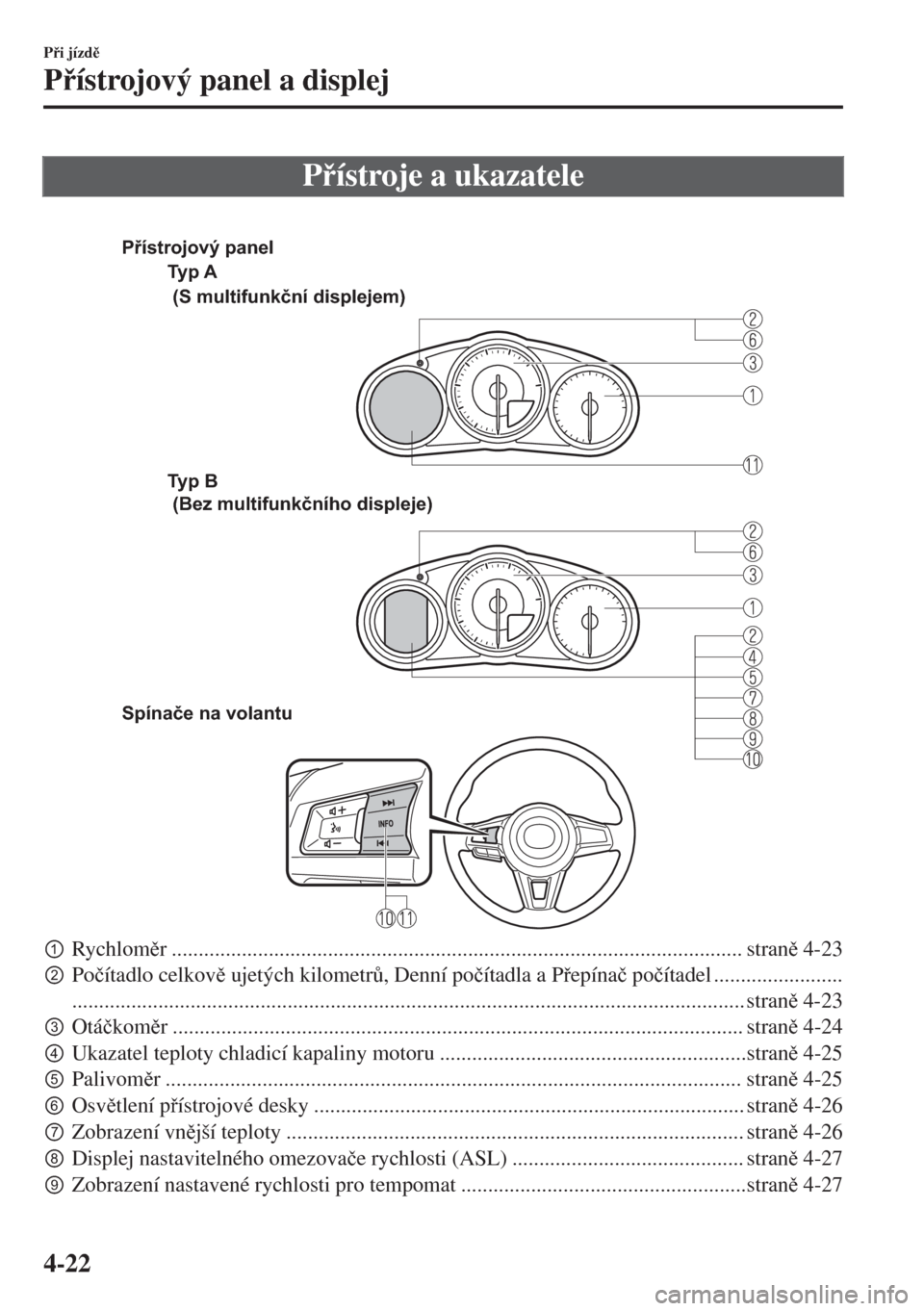 MAZDA MODEL MX-5 2017  Návod k obsluze (in Czech) Pístroje a ukazatele
 
Ty p  A
Ty p  B  
Spínače na volantu (S multifunkční displejem)
 (Bez multifunkčního displeje) Přístrojový panel
pRychlomr .......................................