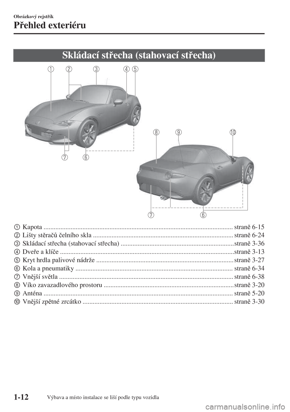 MAZDA MODEL MX-5 2017  Návod k obsluze (in Czech) Skládací stecha (stahovací stecha)
pKapota ................................................................................................................ stran 6-15
qLišty stra�þ$ �