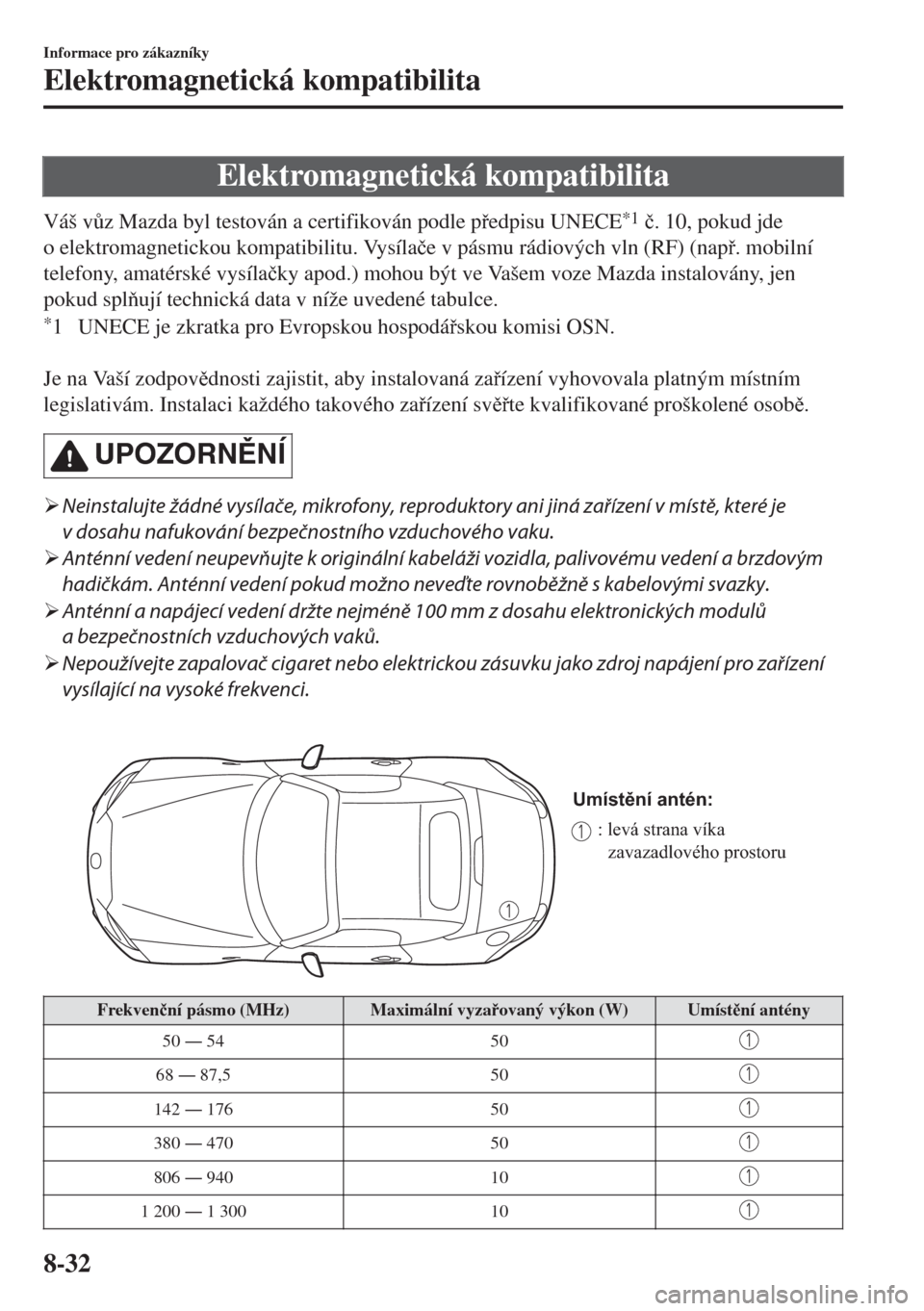MAZDA MODEL MX-5 2017  Návod k obsluze (in Czech) Elektromagnetická kompatibilita
Váš v$z Mazda byl testován a certifikován podle pedpisu UNECE*1 �þ. 10, pokud jde
o elektromagnetickou kompatibilitu. Vysíla�þe v pásmu rádiových vln (RF)