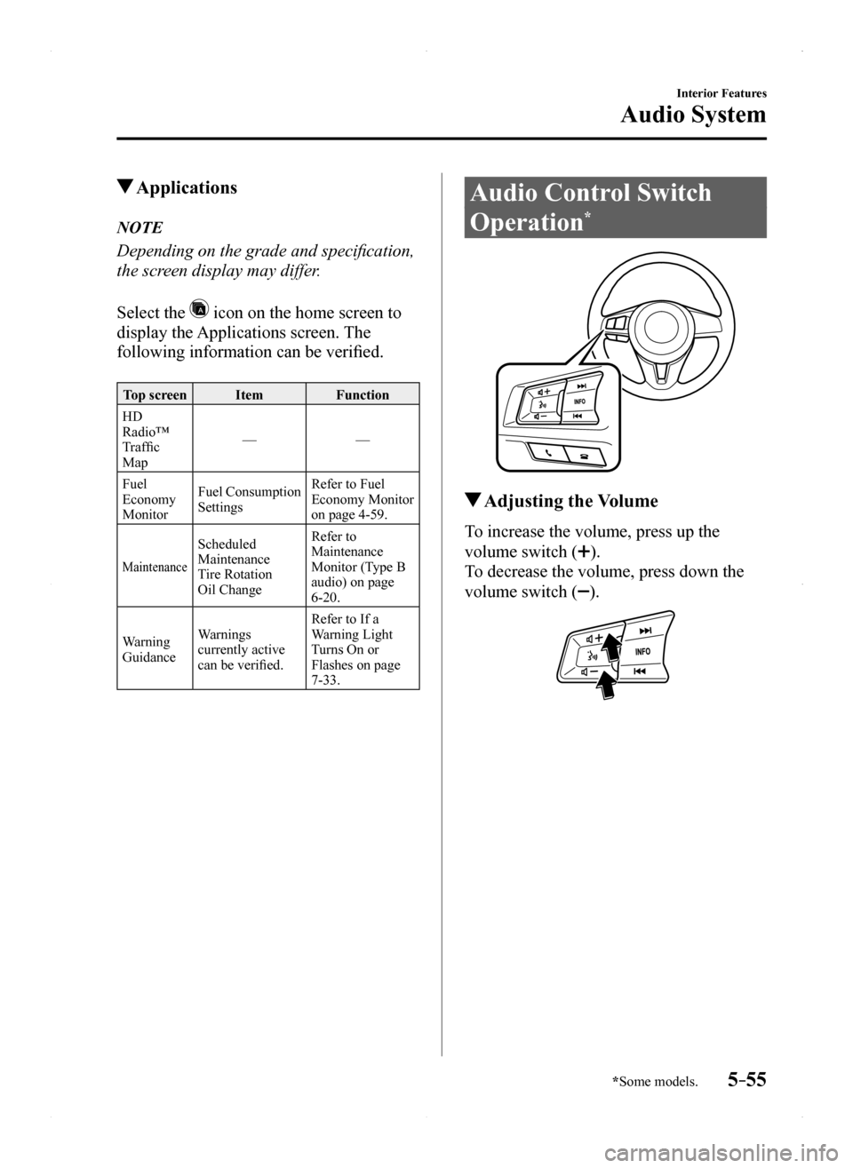 MAZDA MODEL MX-5 2016 Owners Manual (in English) 5–55
Interior Features
Audio System
*Some models.
Applications
NOTE
Depending on the grade and specification,
the screen display may differ.
Select the icon on the home screen to
display the App MAZDA MODEL MX-5 2016 Owners Manual (in English) 5–55
Interior Features
Audio System
*Some models.
Applications
NOTE
Depending on the grade and specification,
the screen display may differ.
Select the icon on the home screen to
display the App