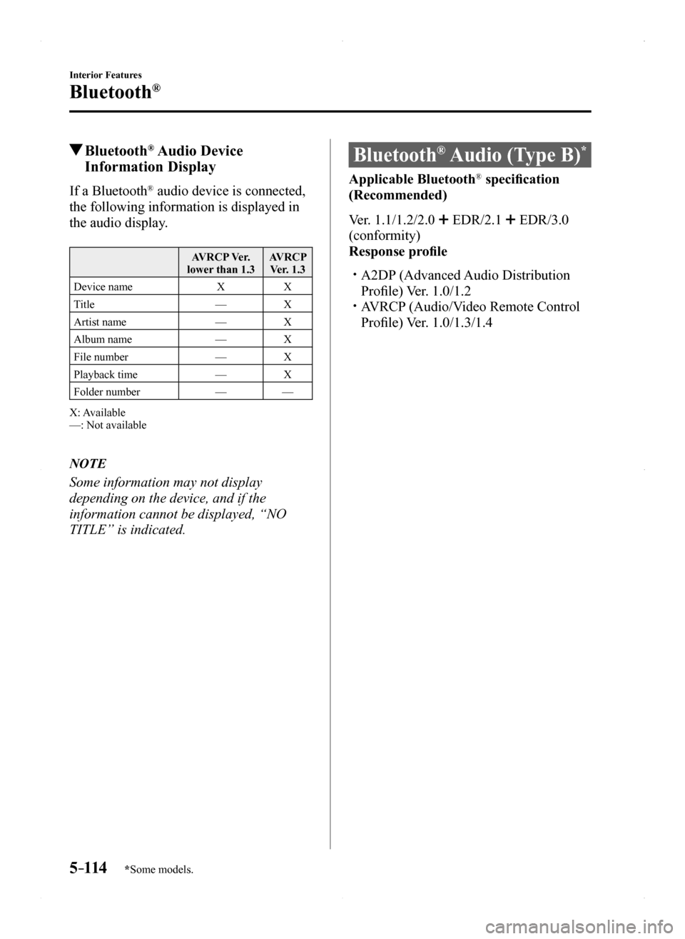 MAZDA MODEL MX-5 2016 (in English) Service Manual 5–114
Interior Features
Bluetooth®
*Some models.
Bluetooth® Audio Device
Information Display
If a Bluetooth® audio device is connected,
the following information is displayed in
the audio di MAZDA MODEL MX-5 2016 (in English) Service Manual 5–114
Interior Features
Bluetooth®
*Some models.
Bluetooth® Audio Device
Information Display
If a Bluetooth® audio device is connected,
the following information is displayed in
the audio di
