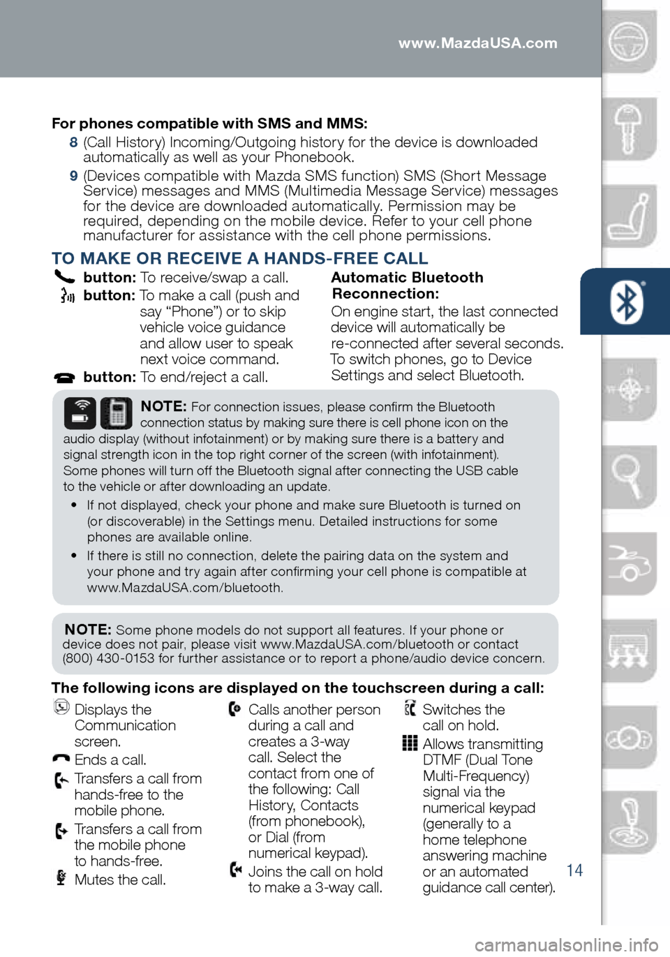 MAZDA MODEL MX-5 2016 Smart Start Guide (in English) 14
PAIRING YOUR BLUETOOTH® PHONE OR AUDIO DEVICE
TO MAKE OR RECEIVE A HANDS-FREE CALL
button: To receive/swap a call.
button: To make a call (push and
say “Phone”) or to skip
vehicle voice MAZDA MODEL MX-5 2016 Smart Start Guide (in English) 14
PAIRING YOUR BLUETOOTH® PHONE OR AUDIO DEVICE
TO MAKE OR RECEIVE A HANDS-FREE CALL
button: To receive/swap a call.
button: To make a call (push and
say “Phone”) or to skip
vehicle voice