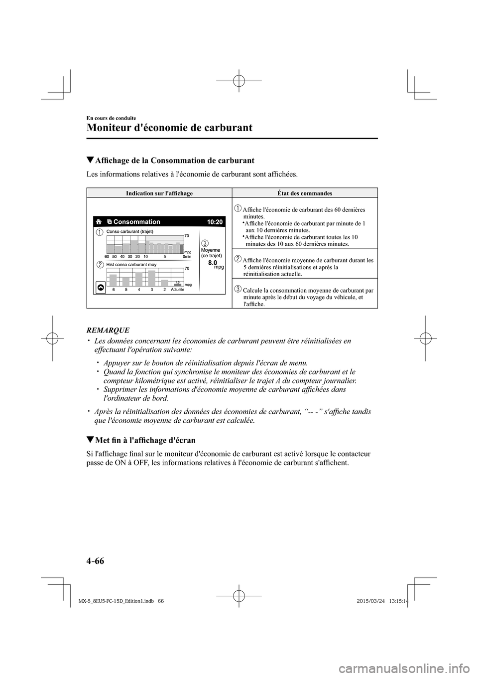 MAZDA MODEL MX-5 2016  Manuel du propriétaire (in French) 4–66
En cours de conduite
Moniteur déconomie de carburant
 Afﬁ chage de la Consommation de carburant
              Les  informations  relatives  à  léconomie  de  carburant  sont  afﬁ chée