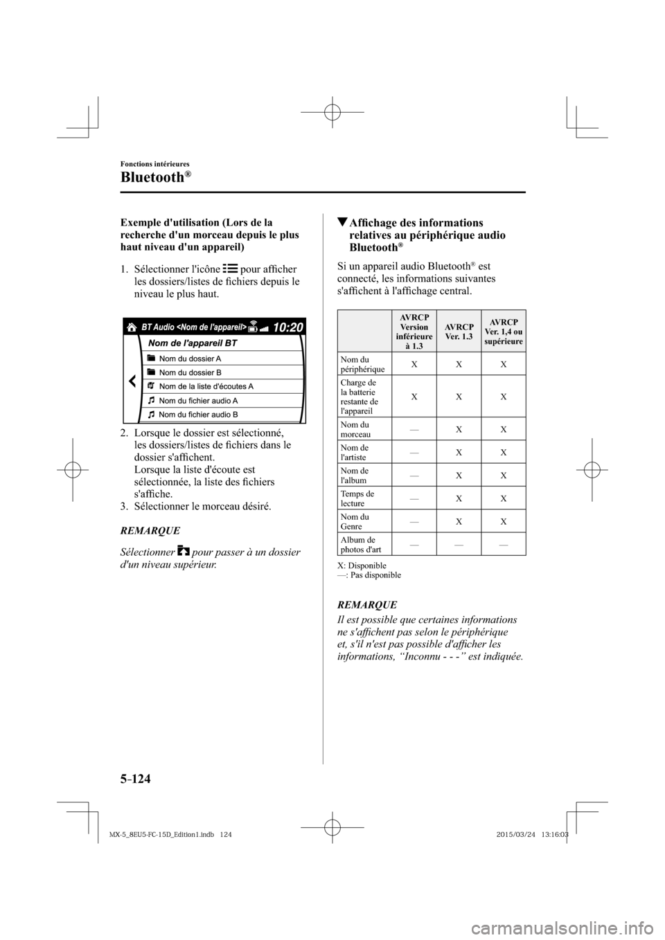 MAZDA MODEL MX-5 2016  Manuel du propriétaire (in French) 5–124
Fonctions intérieures
Bluetooth®
    Exemple  dutilisation  (Lors  de  la 
recherche dun morceau depuis le plus 
haut niveau dun appareil)
     1.   Sélectionner  licône   
  pour af