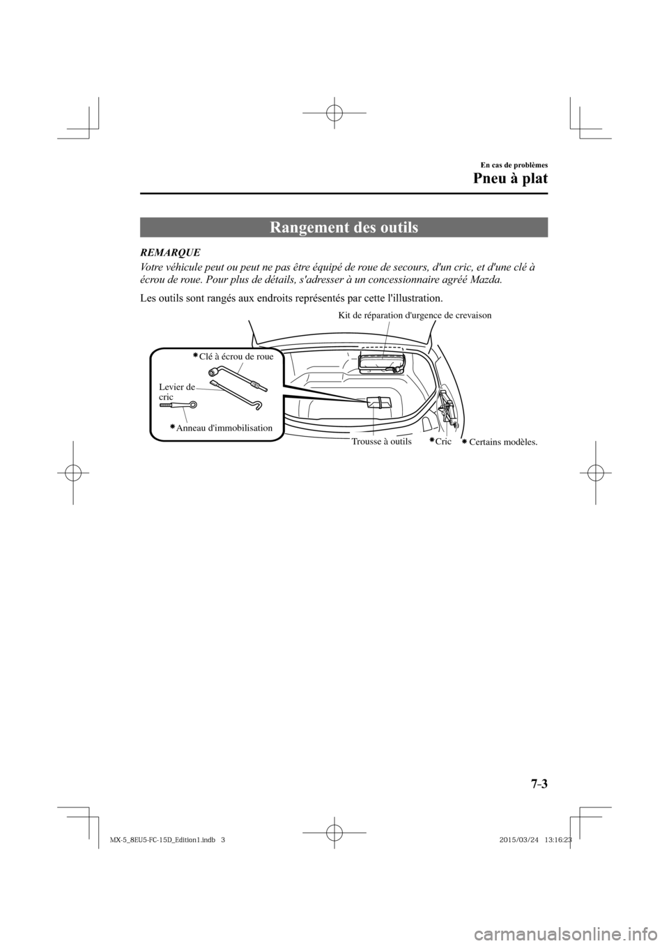 MAZDA MODEL MX-5 2016  Manuel du propriétaire (in French) 7–3
En cas de problèmes
Pneu à plat
                  Rangement  des  outils
     REMARQUE
  Votre véhicule peut ou peut ne pas être équipé de roue de secours, dun cric, et dune clé à 
éc