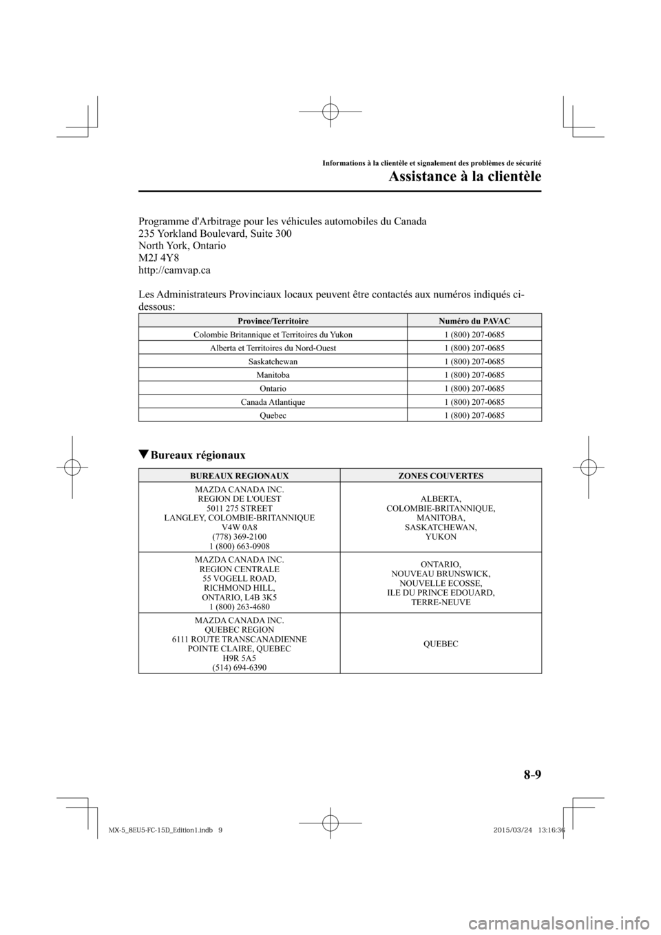 MAZDA MODEL MX-5 2016  Manuel du propriétaire (in French) 8–9
Informations à la clientèle et signalement des problèmes de sécurité
Assistance à la clientèle
  Programme dArbitrage pour les véhicules automobiles du Canada
  235 Yorkland Boulevard, 