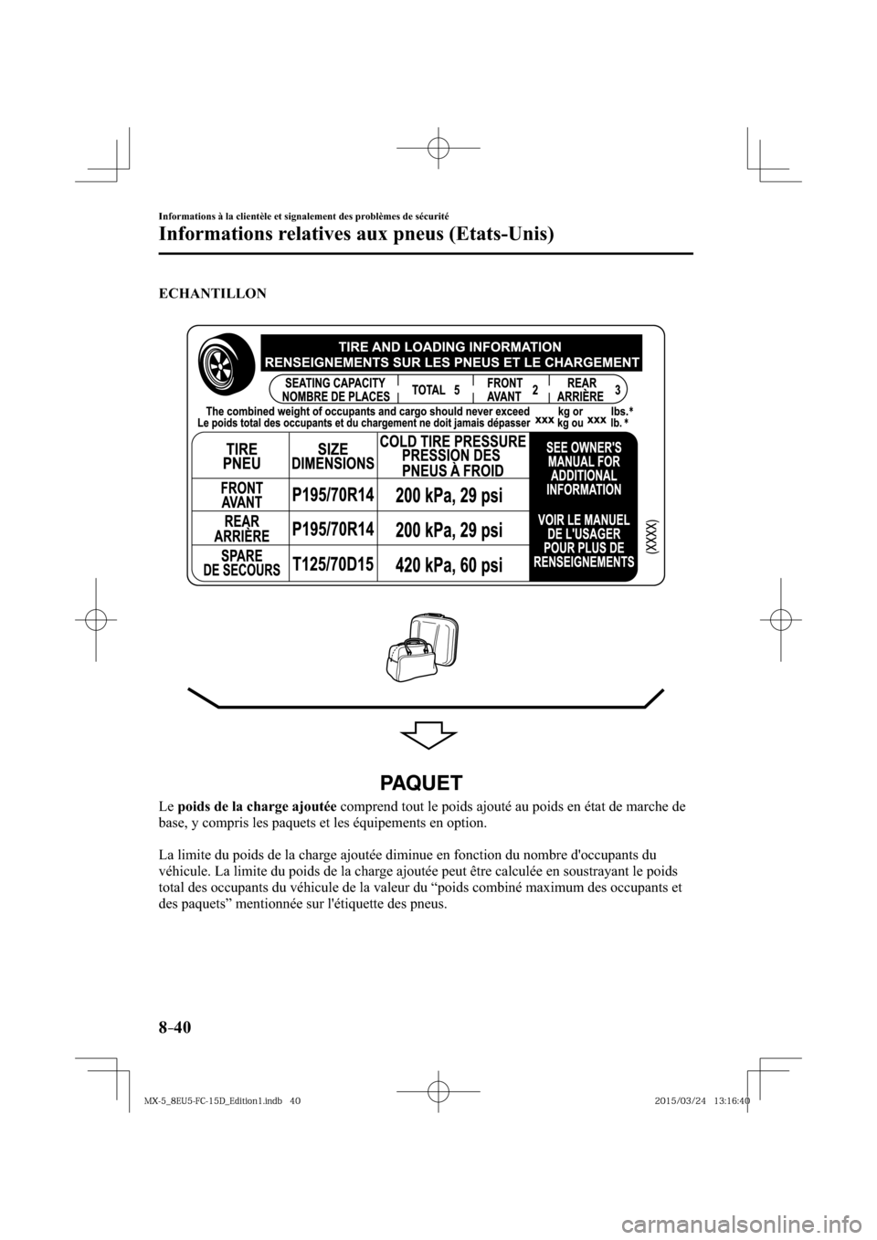 MAZDA MODEL MX-5 2016  Manuel du propriétaire (in French) 8–40
Informations à la clientèle et signalement des problèmes de sécurité
Informations relatives aux pneus (Etats-Unis)
ECHANTILLON
PAQUET
  Le   poids de la charge ajoutée  comprend tout le p