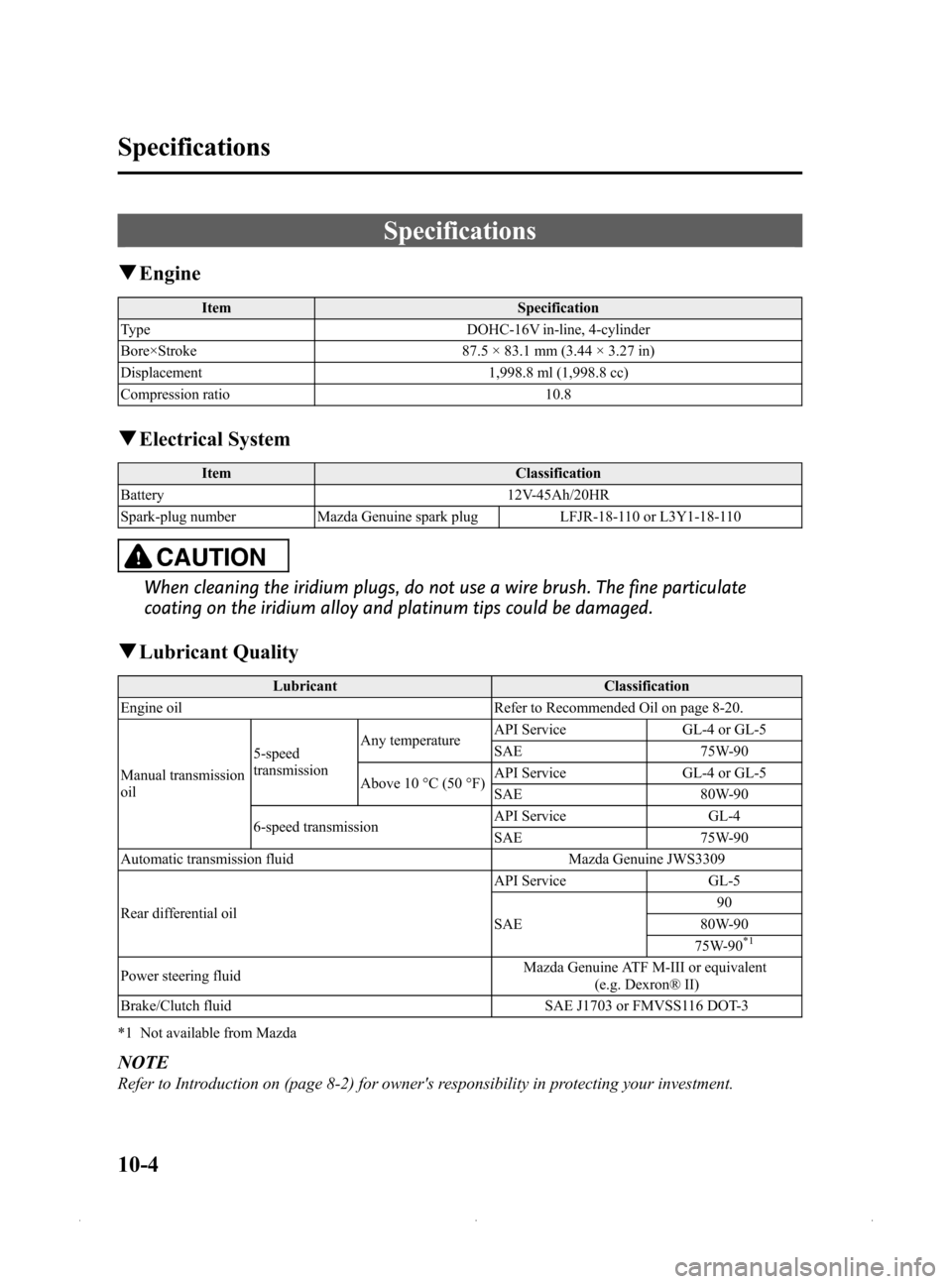 MAZDA MODEL MX-5 2015  Owners Manual (in English) Black plate (436,1)
Specifications
qEngine
Item Specification
Type DOHC-16V in-line, 4-cylinder
Bore×Stroke 87.5 × 83.1 mm (3.44 × 3.27 in)
Displacement 1,998.8 ml (1,998.8 cc)
Compression ratio 10