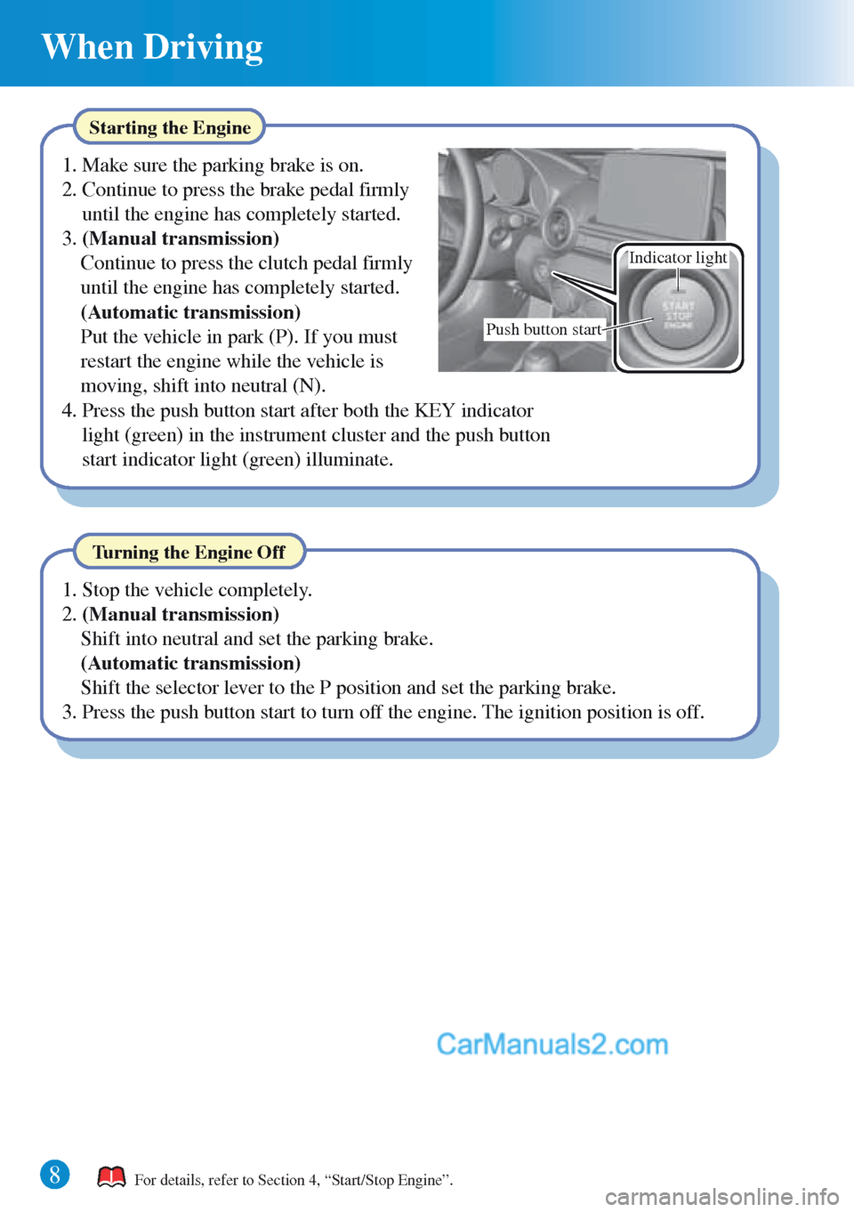 MAZDA MODEL MX-5 2015  Quick Guide (in English) When Driving 
8 
Indicator light 
Push button start 
Starting the Engine 
1. Make sure the parking brake is on. 
2. Continue to press the brake pedal firmly 
until the engine has completely started. 
