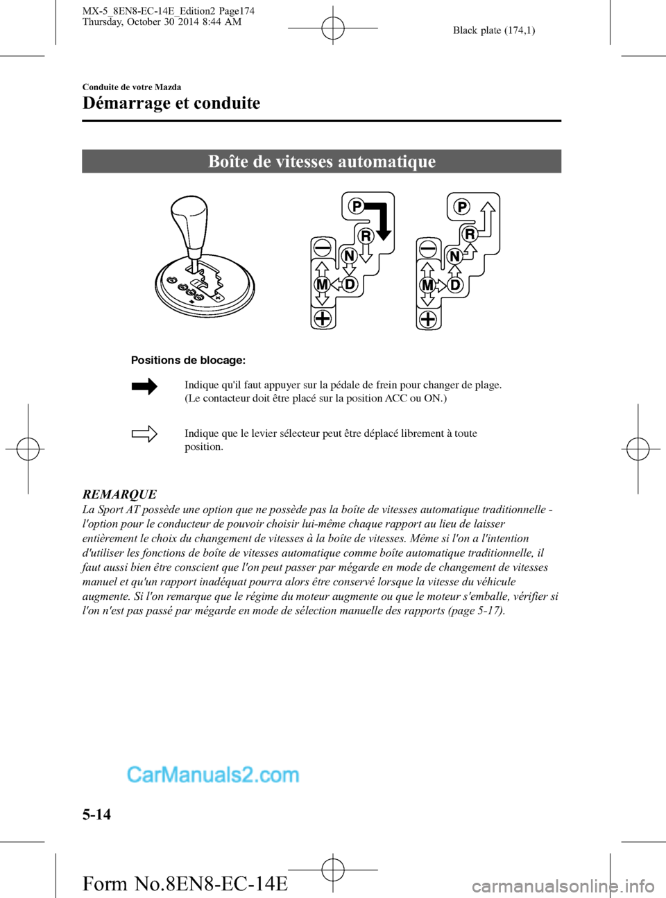 MAZDA MODEL MX-5 2015  Manuel du propriétaire (in French) Black plate (174,1)
Boîte de vitesses automatique
Indique que le levier sélecteur peut être déplacé librement à toute 
position.
Positions de blocage: 
Indique quil faut appuyer sur la pédale 